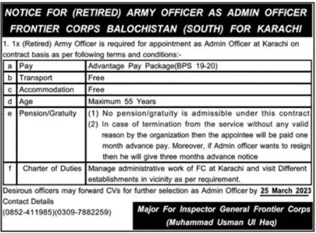 Frontier Crops Balochistan South for Karachi Jobs 2023 – Frontier Corps (South) Balochistan Jobs 2023 — original advertisement