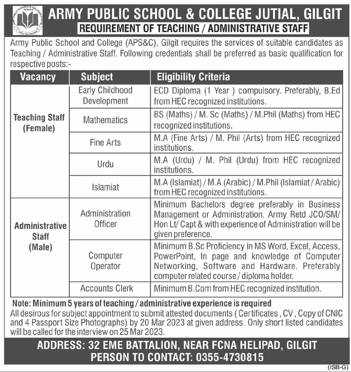 Army Public School & College Jutial Gilgit Jobs 2023 – Army Public School & College Paksitan Jobs 2023 — original advertisement