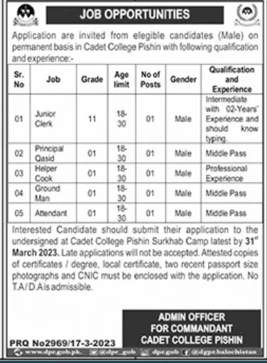 Cadet College Pishin Balochistan Jobs 2023 Jobs 2023 — original advertisement
