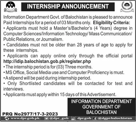 Information Department Balochistan internship Program 2023 Jobs 2023 — original advertisement