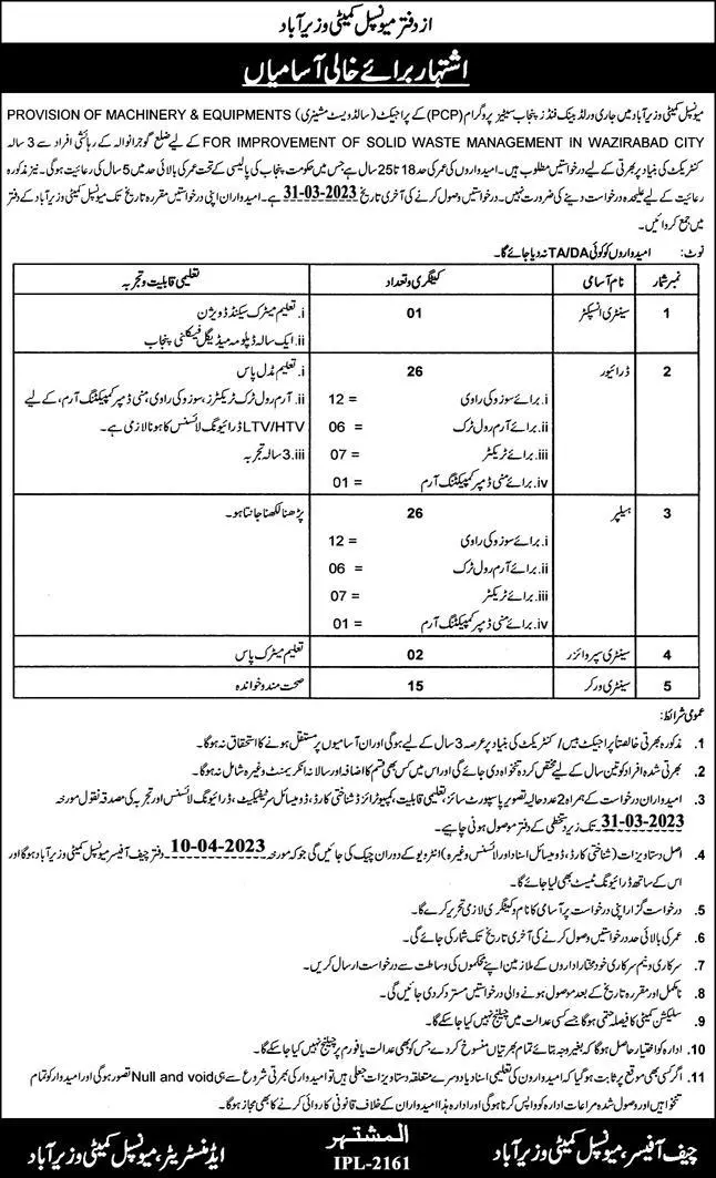 Municipal Committee Wazirabad Jobs 2023 – Muncipal Commette Jobs 2023 — original advertisement