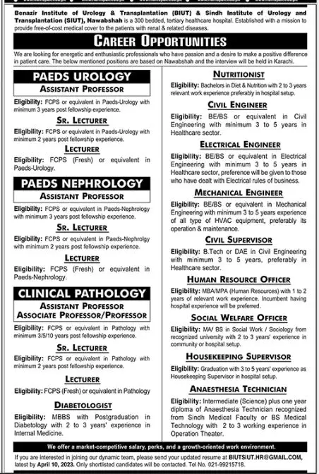 Benazir Institute Of Urology & Transplantation Jobs 2023 – benazir institute of urology & transplantation BUIT Jobs 2023 — original advertisement