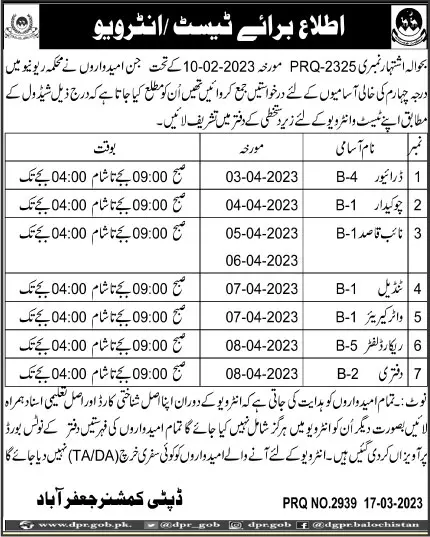 Deputy Commissioner Jaffarabad Test Interview 2023 Jobs 2023 — original advertisement
