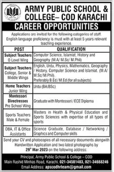 Army Public School & College Cod Karachi Jobs 2023 – Army Public School & College Paksitan Jobs 2023 — original advertisement