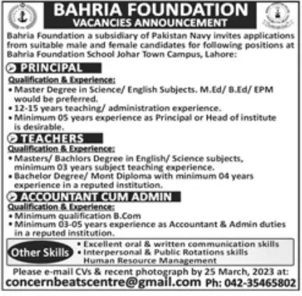 Bahria Foundation Lahore Jobs 2023 Jobs 2023 — original advertisement