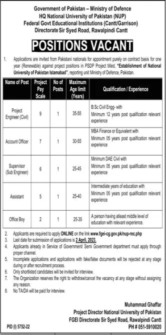 Ministry of Defence Rawalpindi Jobs 2023 – Ministry of Defence Pakistan Jobs 2023 — original advertisement