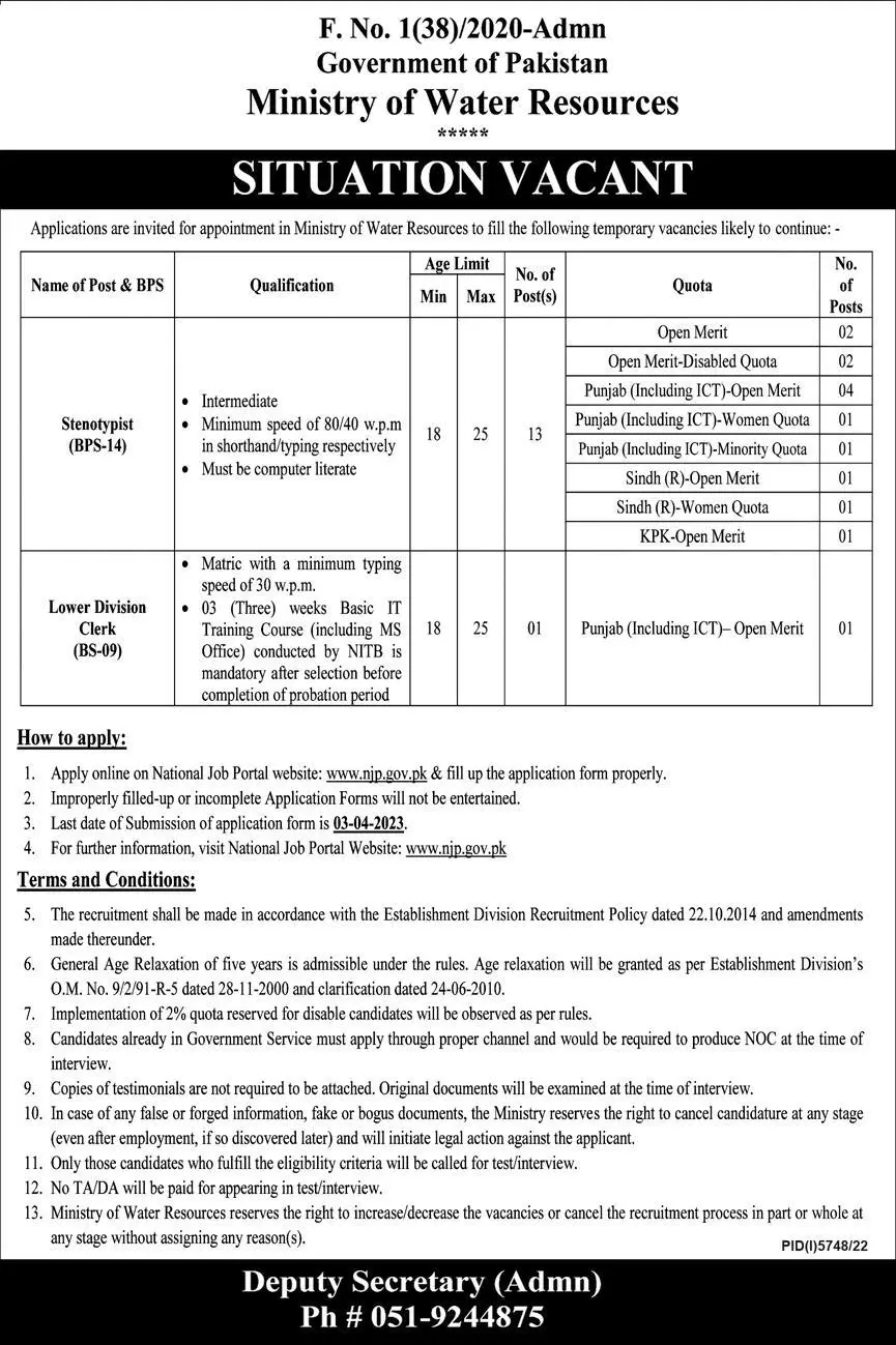 Ministry of Water Resources Islamabad Jobs 2023 Jobs 2023 — original advertisement