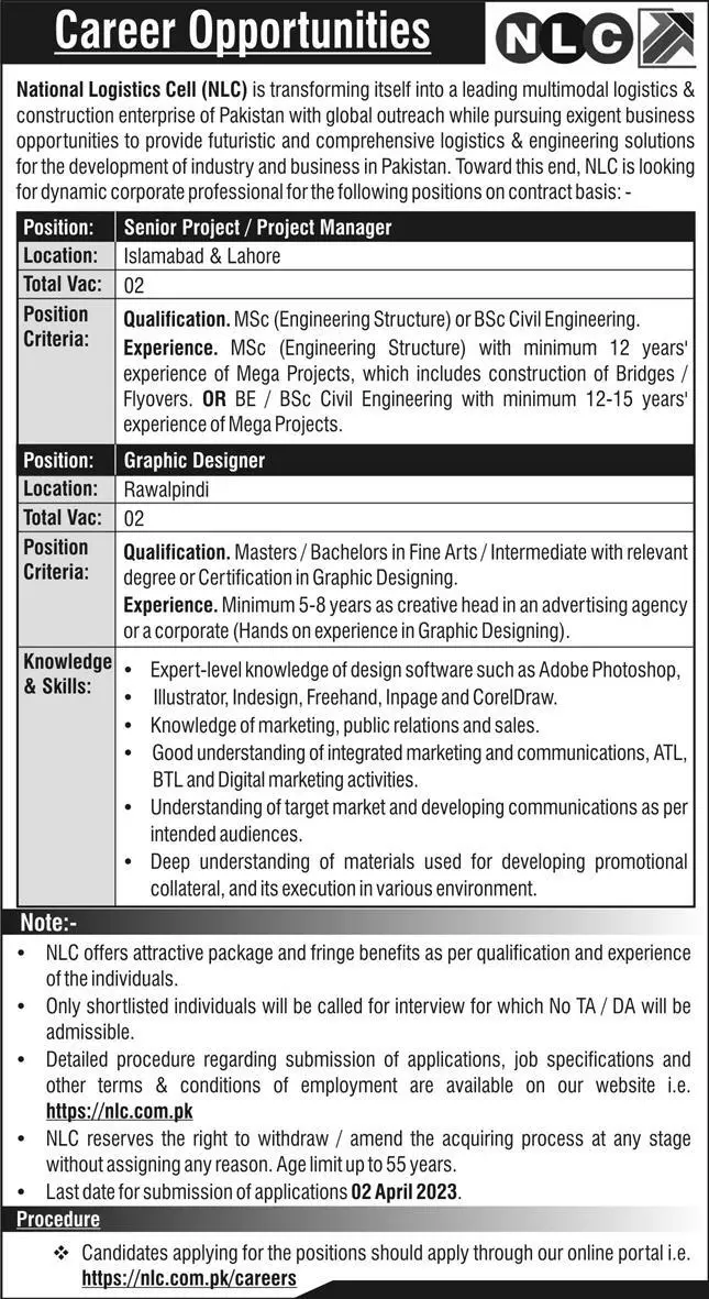 National Logistic Cell NLC Jobs 2023 – National Logistic Cell Rawalpindi Jobs 2023 — original advertisement