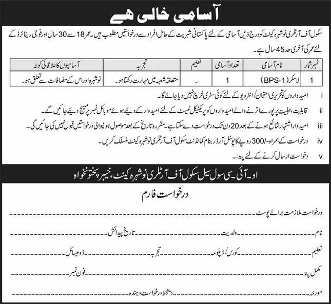 School of Artillery Nowshera Cantt Jobs 2023 – Pakistan Army Jobs 2023 — original advertisement