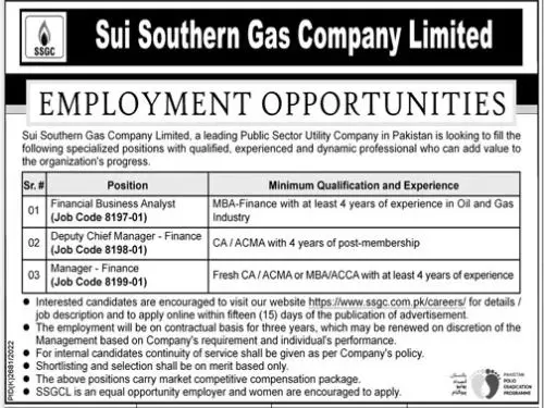 Sui southern Gas Company Limited Jobs 2023 Jobs 2023 — original advertisement