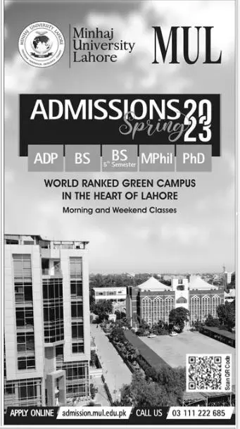 Minhaj University MUL Lahore Admissions 2023 – Minhaj University Lahore Admissions 2023 — original advertisement