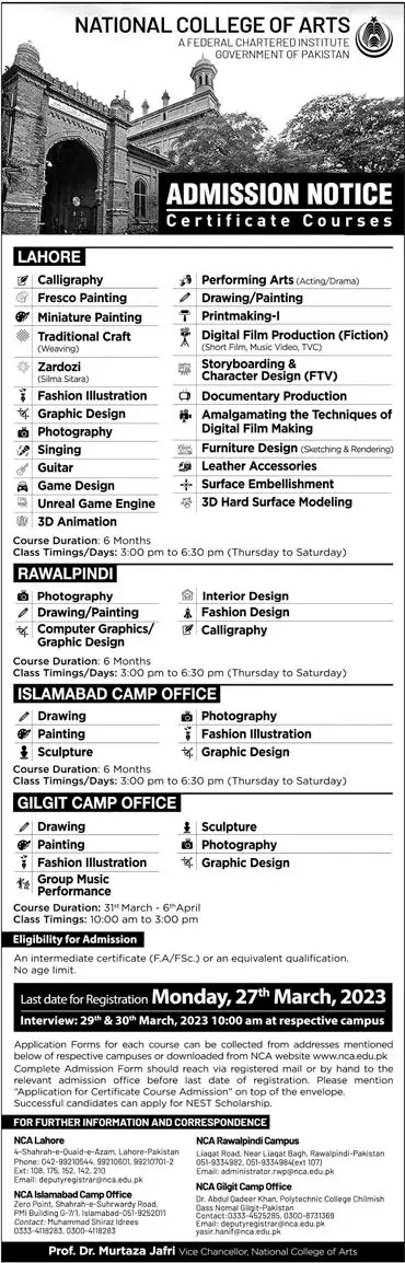 National College of Arts NCA Admissions 2023 – National College of Arts, NCA Lahore Admissions 2023 — original advertisement
