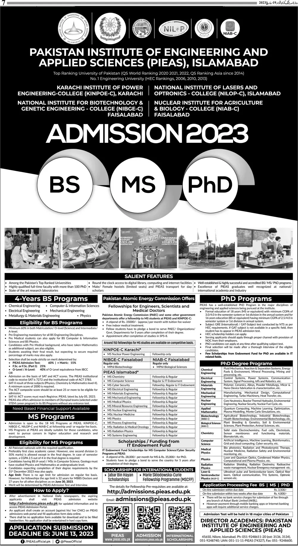 Pakistan Institute of Engineering &  Applied Admissions 2023 – Pakistan Institute of Engineering and Applied Sciences (PIEAS) Admissions 2023 — original advertisement