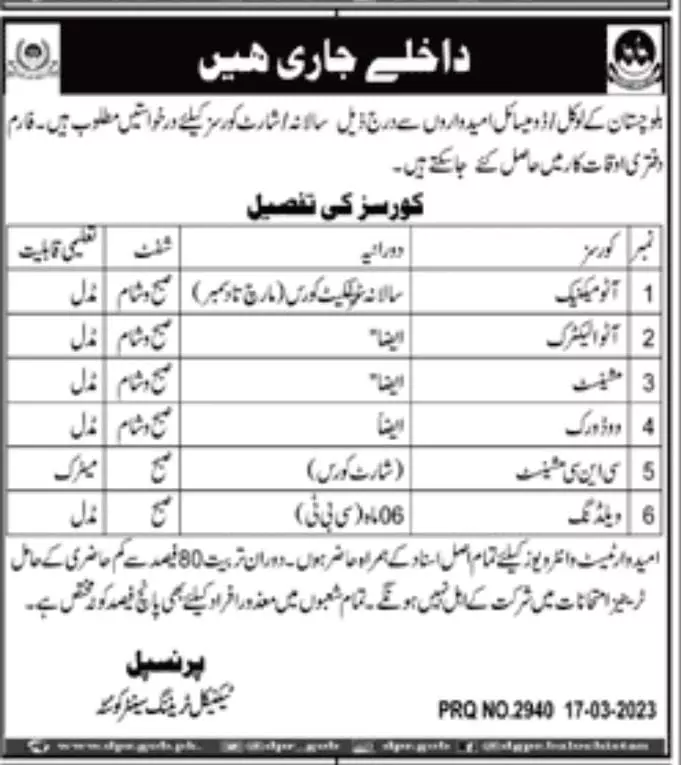Technical Training Centre Quetta Admission 2023 – Technical Training Center Quetta Admissions 2023 — original advertisement