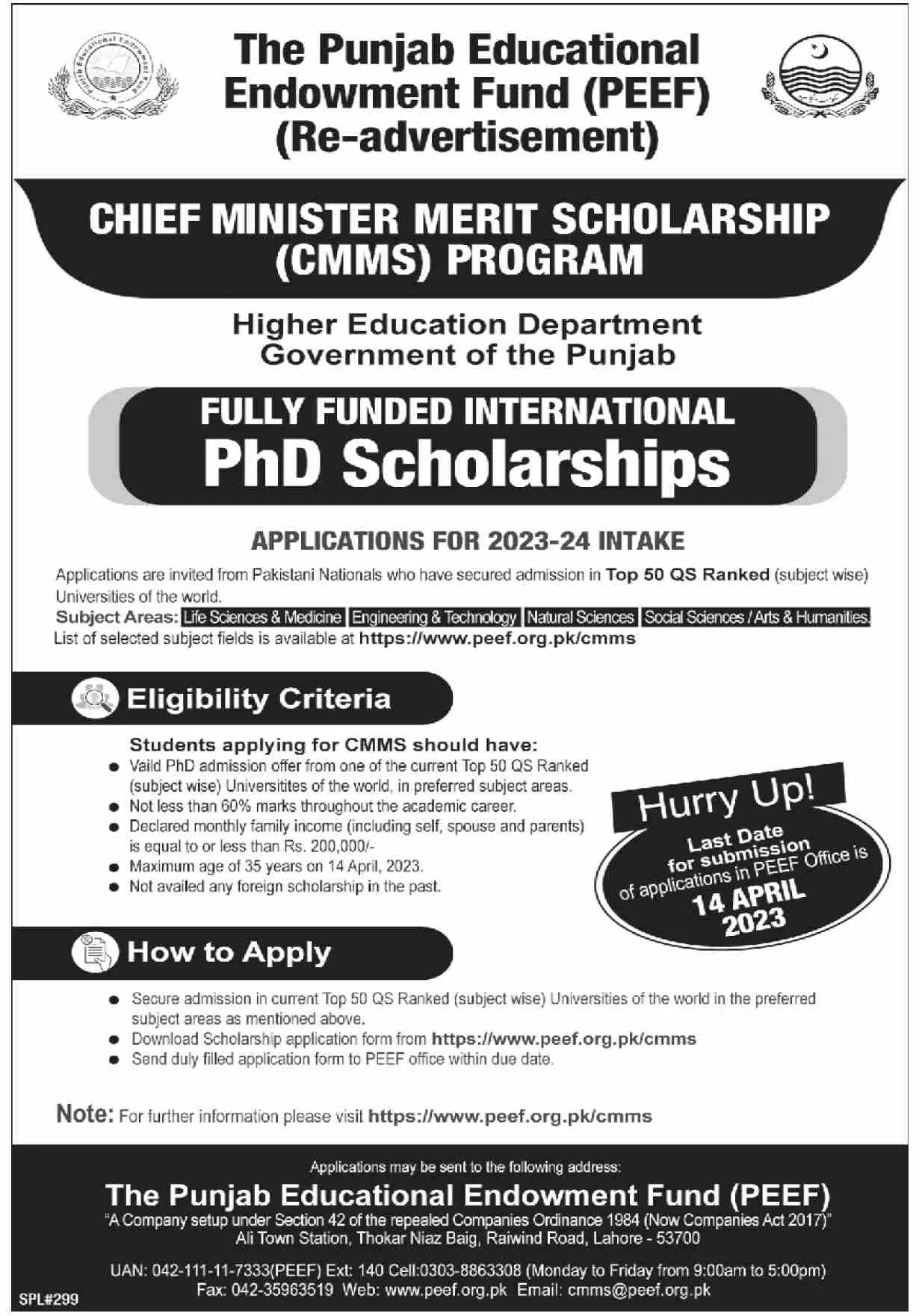 Punjab Educational Endowment Fund Scholarship Program 2023 – Punjab Educational Endowment Fund PEEF Scholarships 2023 — original advertisement