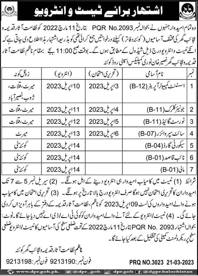Directorate of Archaeology Museum Quetta Test & Interview – Culture Tourism & Archives Department Balochistan Jobs 2023 — original advertisement