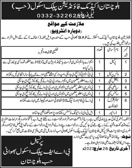 Balochistan Academic Foundation Public School Hub Jobs 2023 Jobs 2023 — original advertisement