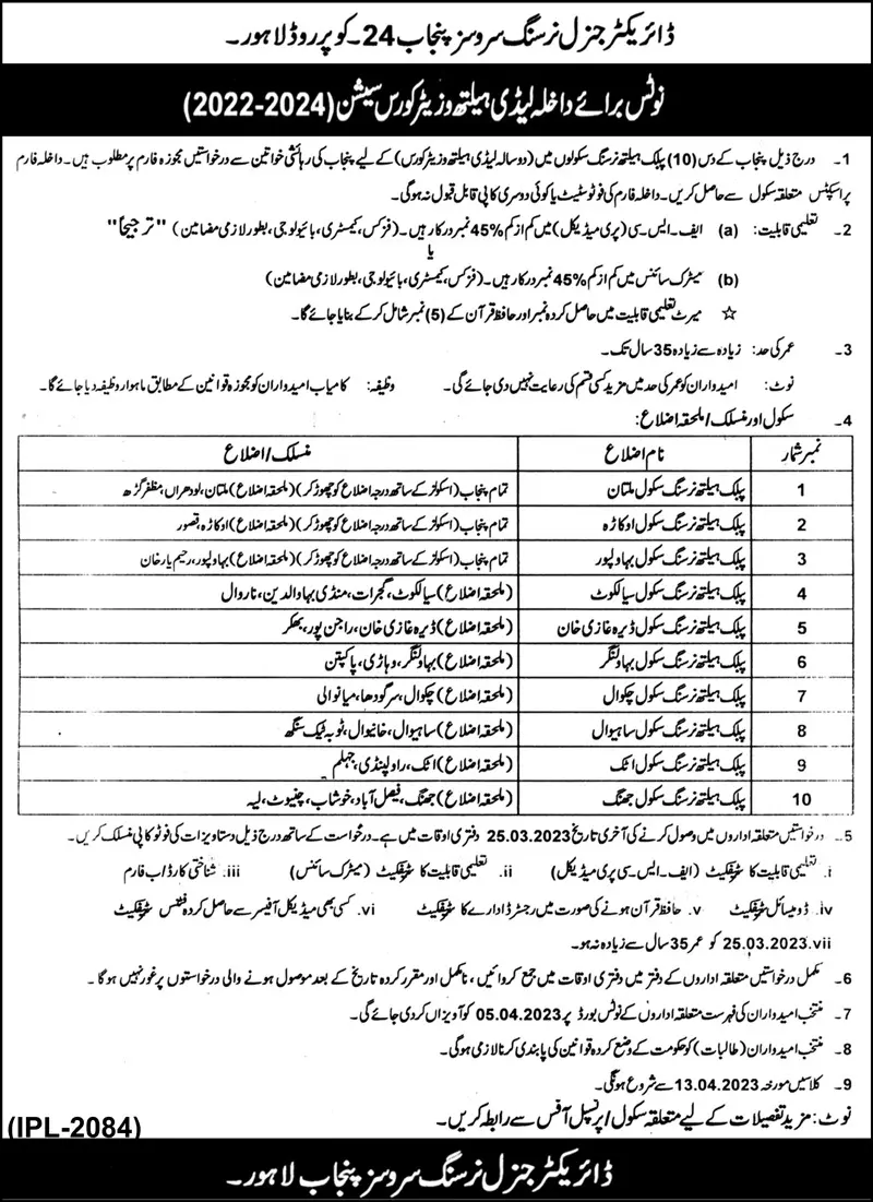 Lady Health Visitors Course Admission 2023 – Health Department Punjab Admissions 2023 — original advertisement