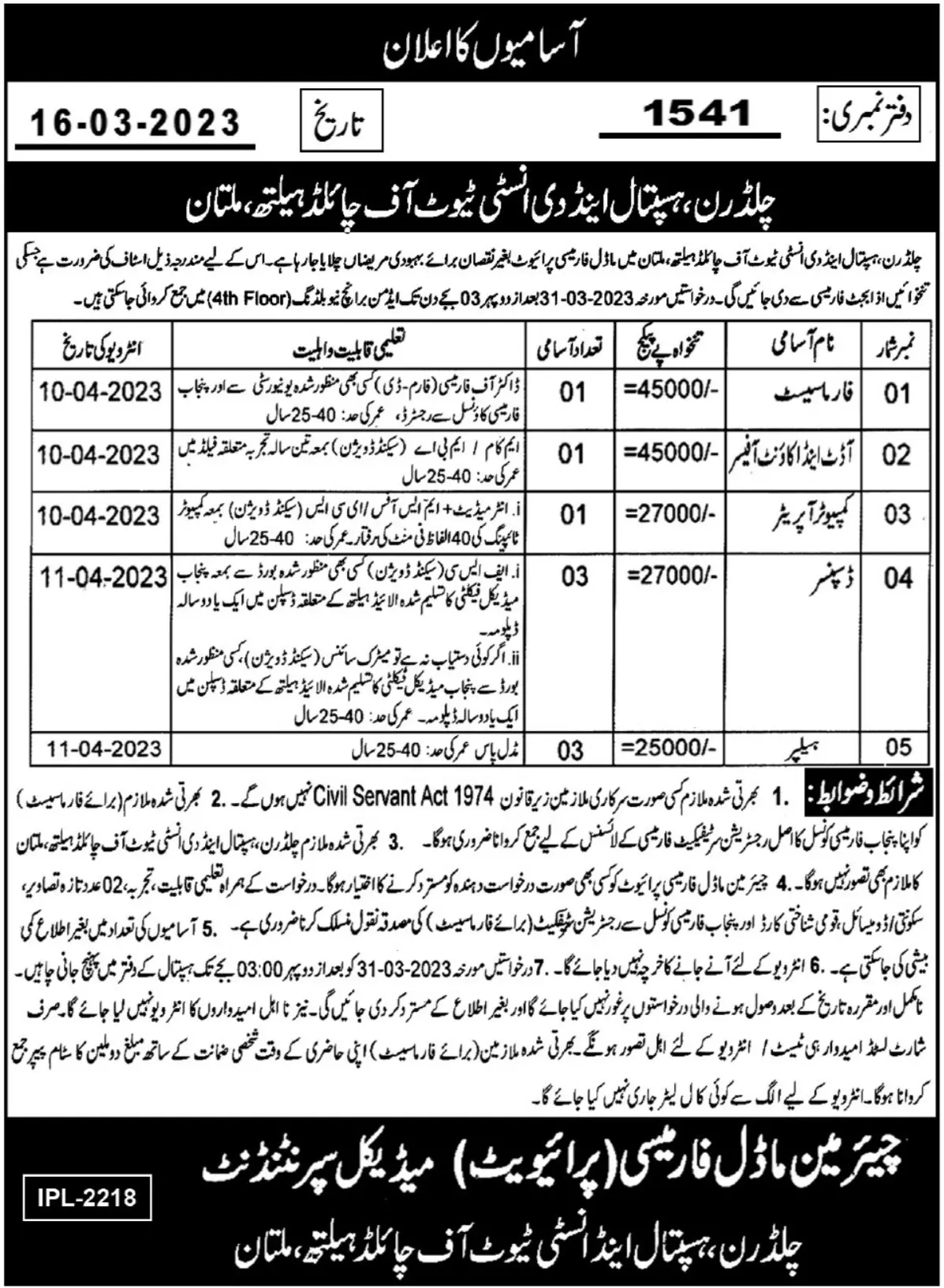 Children Hospital & Institute of Child Health Multan Jobs – Children Hospital Multan Jobs 2023 — original advertisement
