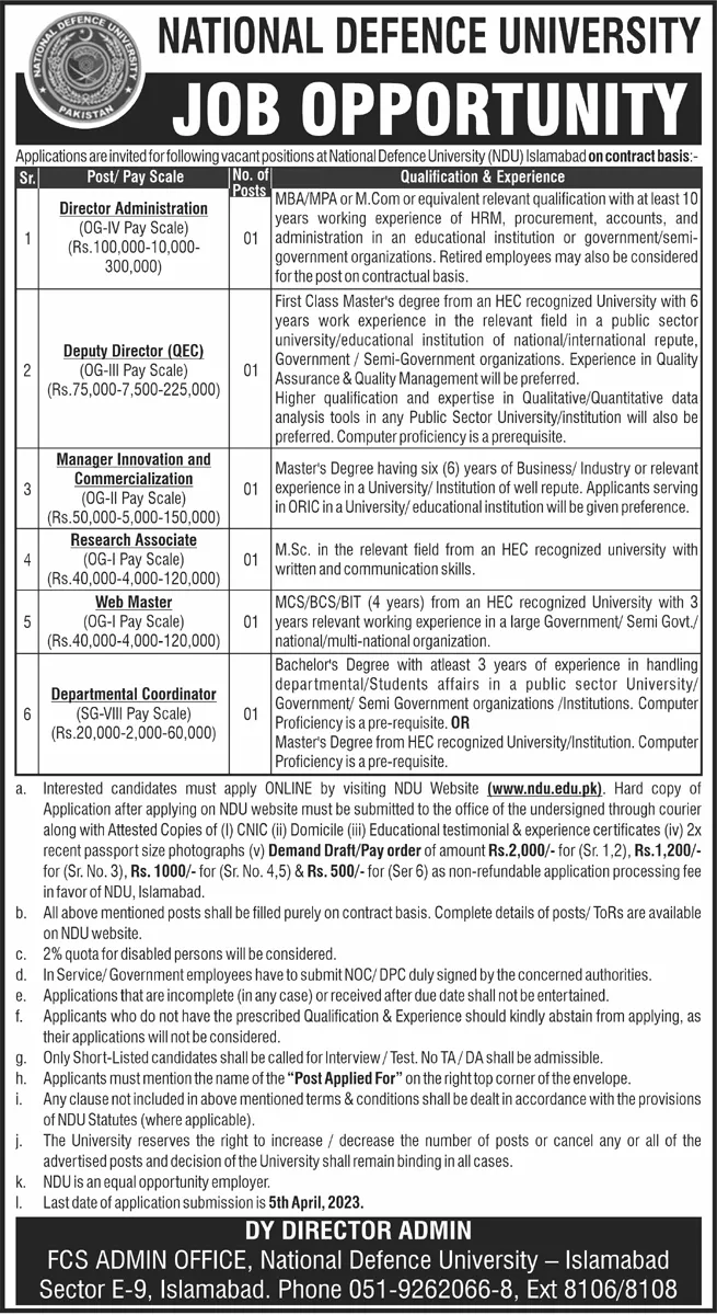 National Defence University Islamabad Jobs 2023 – National Defence University, Pakistan Jobs 2023 — original advertisement