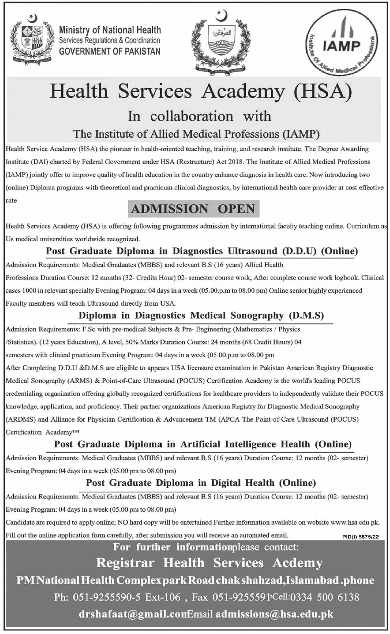 Health Services Academy HSA Admissions 2023 Admissions 2023 — original advertisement