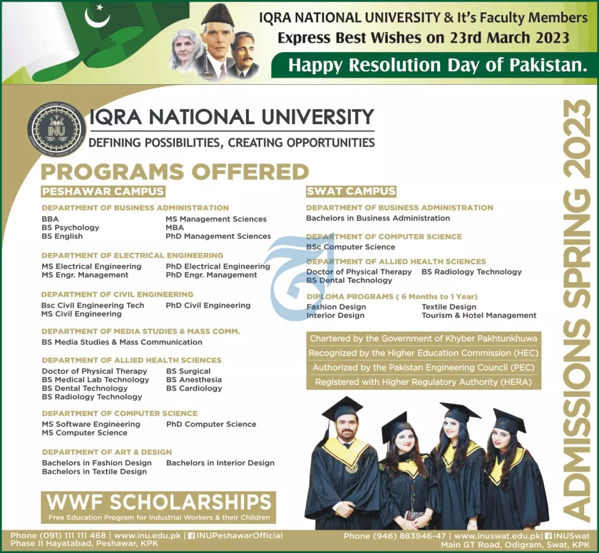 Iqra University Peshawar Campus Admissions 2023 – Iqra University Islamabad Campus Admissions 2023 — original advertisement