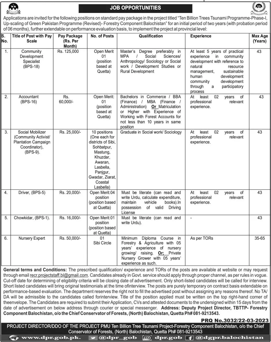 Ten Billion Trees Tsunami Balochistan Jobs 2023 – Forest and Wildlife Department Balochsitan Jobs 2023 — original advertisement
