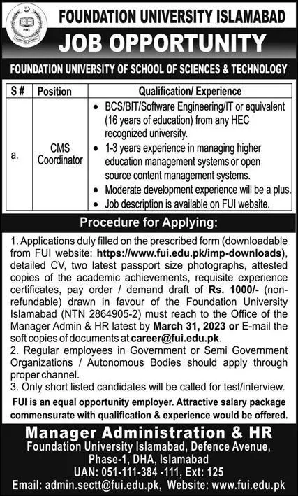 Foundation University Islamabad Jobs 2023 Jobs 2023 — original advertisement