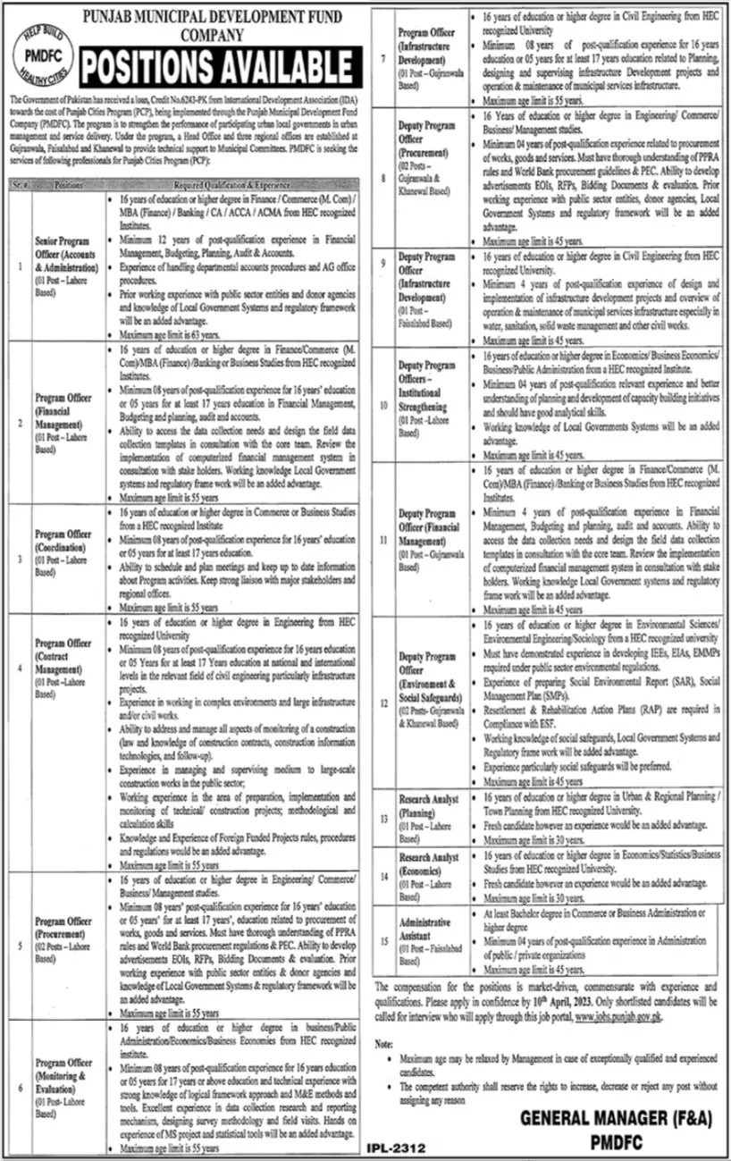 Punjab Municipal Development Fund Company Jobs 2023 Jobs 2023 — original advertisement