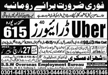 Uber Driver & Driver Jobs 2023 in Romania – Shahzad Askari Technical Institute Jobs 2023 — original advertisement
