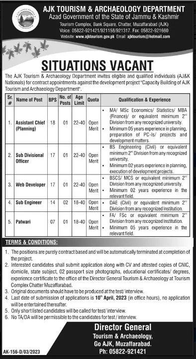 AJK Tourism & Archaeology Department Jobs 2023 – Tourism Archaeology Department AJK Jobs 2023 — original advertisement