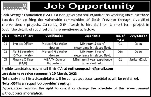 Goth Seengar Foundation GSF Non Government Organization Jobs – Private Company Jobs 2023 — original advertisement