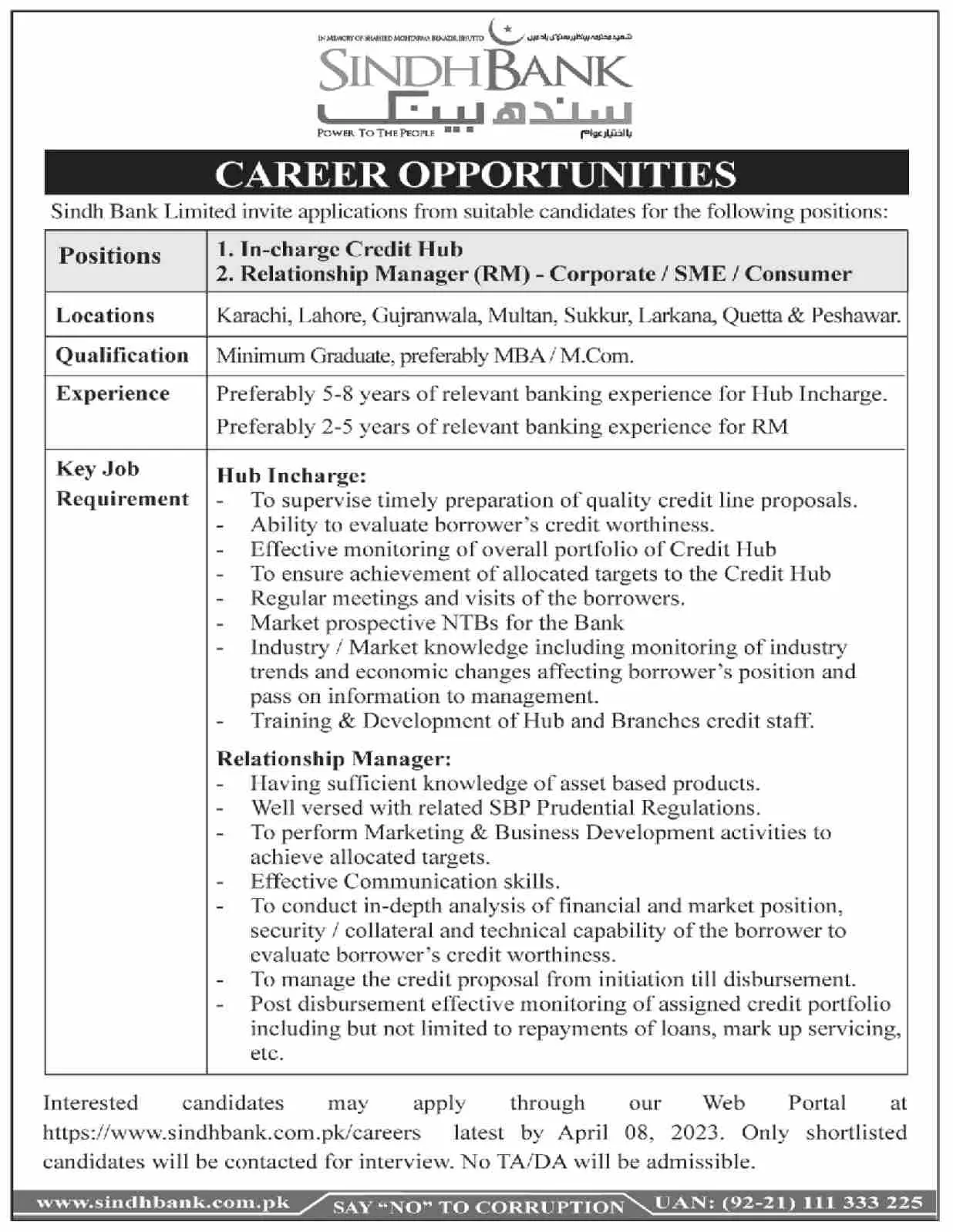Sindh Bank Limited Jobs 2023 Jobs 2023 — original advertisement