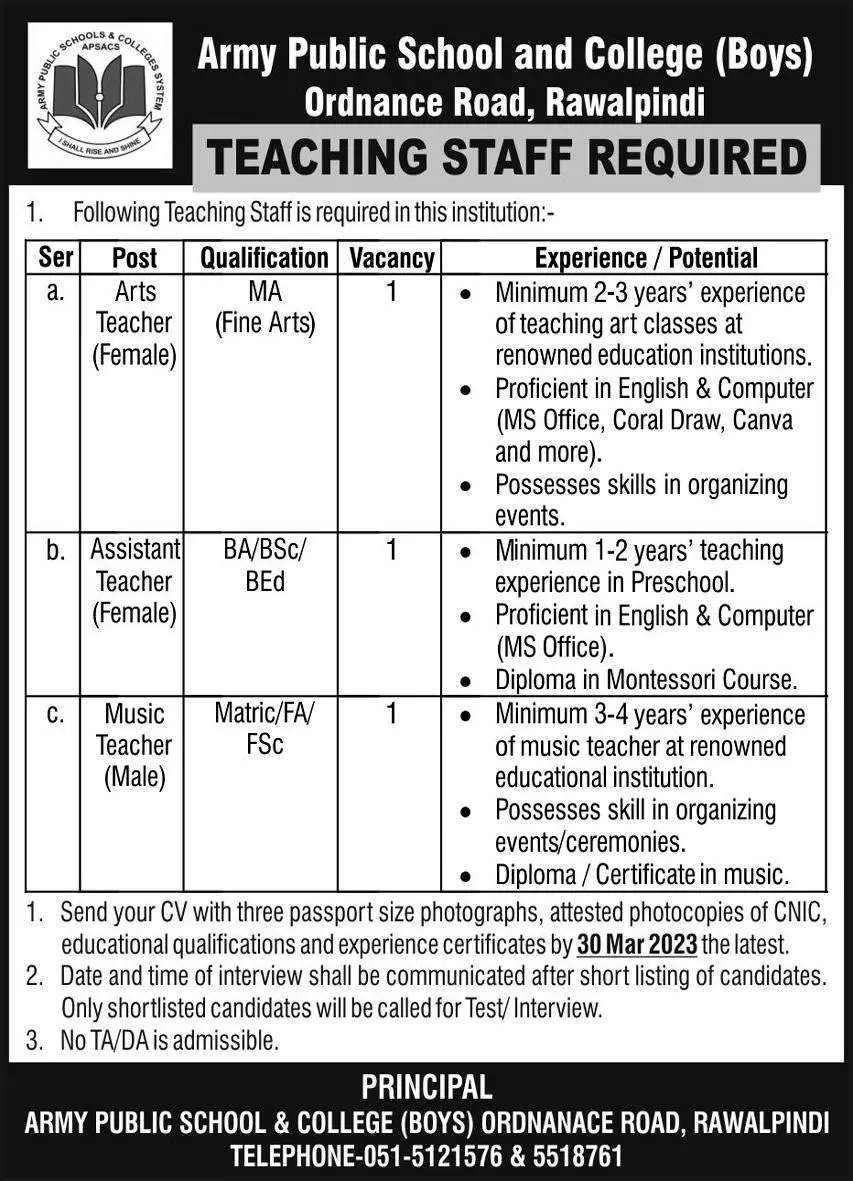 Army Public School and College Rawalpindi Jobs 2023 – Army Public School & College Paksitan Jobs 2023 — original advertisement