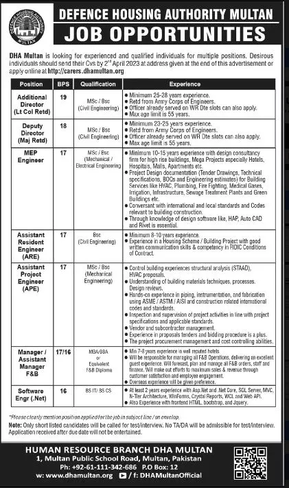 Defence Housing Authority Multan Jobs 2023 Jobs 2023 — original advertisement