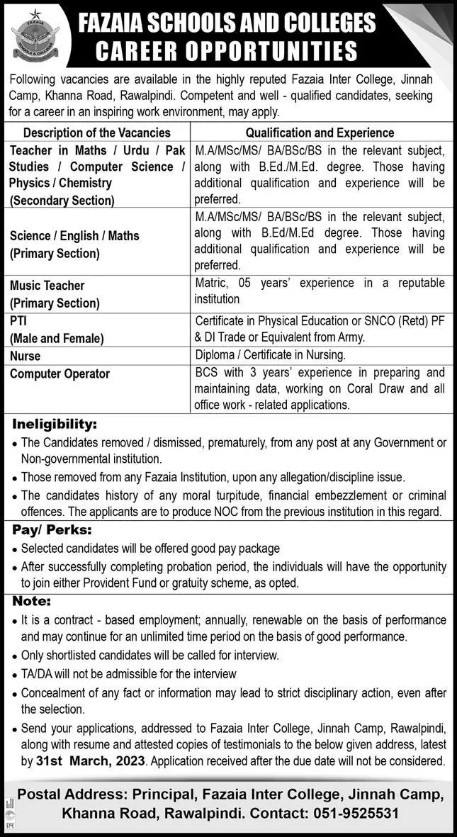Fazaia School and Colleges Rawalpindi Jobs 2023 – Fazaia Schools & Colleges Jobs 2023 — original advertisement