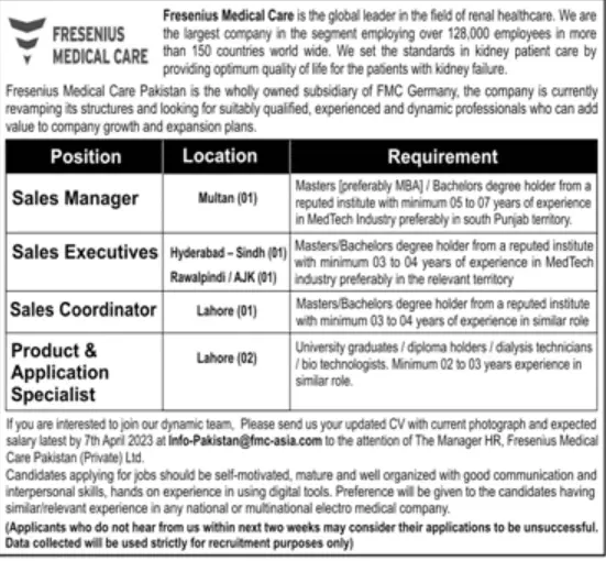Fresenius Medical Care Pakistan Jobs 2023 Jobs 2023 — original advertisement