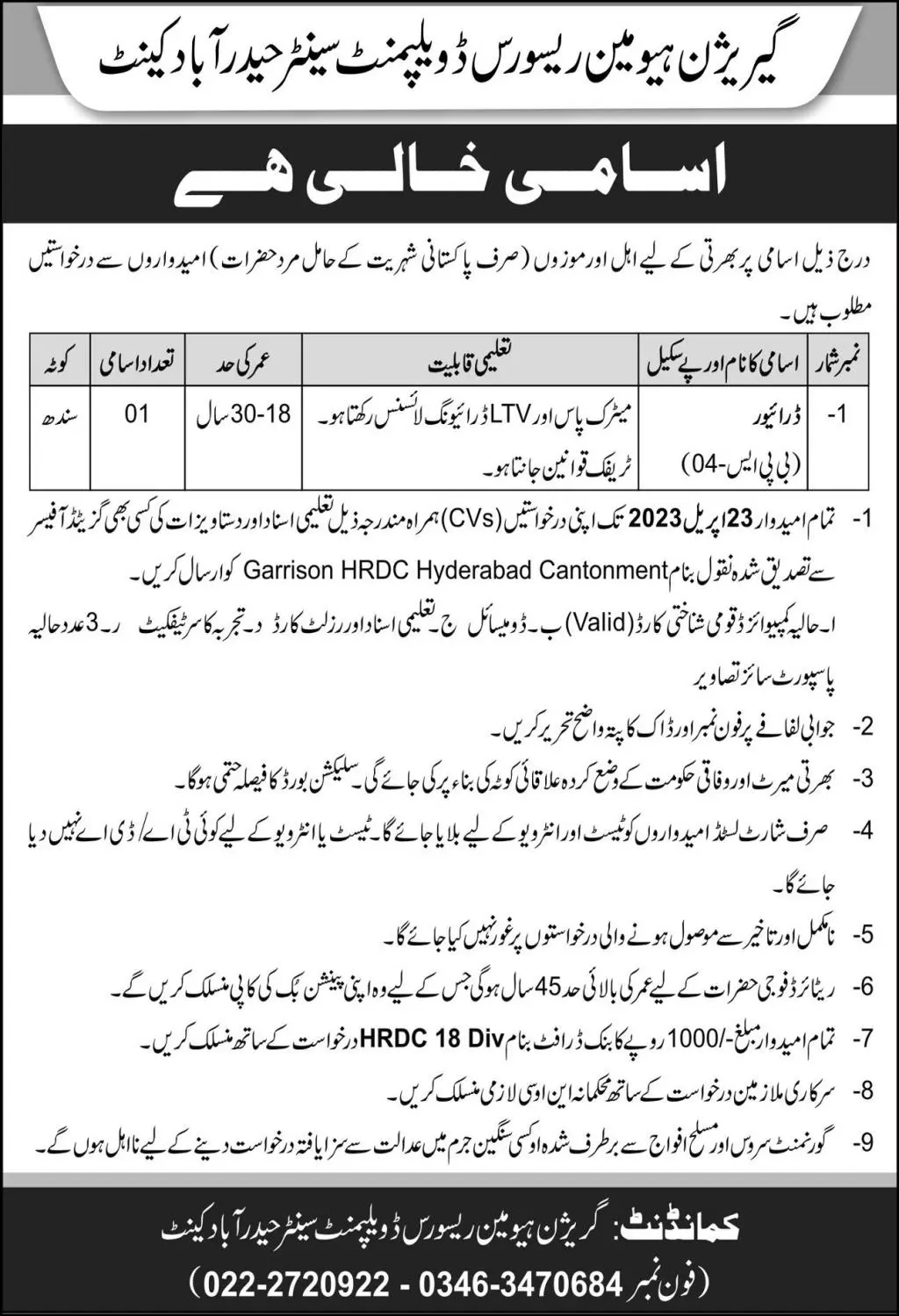 Garrison Human Resource Development Center Jobs 2023 – Pakistan Army Jobs 2023 — original advertisement