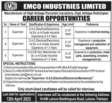Emco Industries Limited Lahore Jobs 2023 – Private Company Jobs 2023 — original advertisement