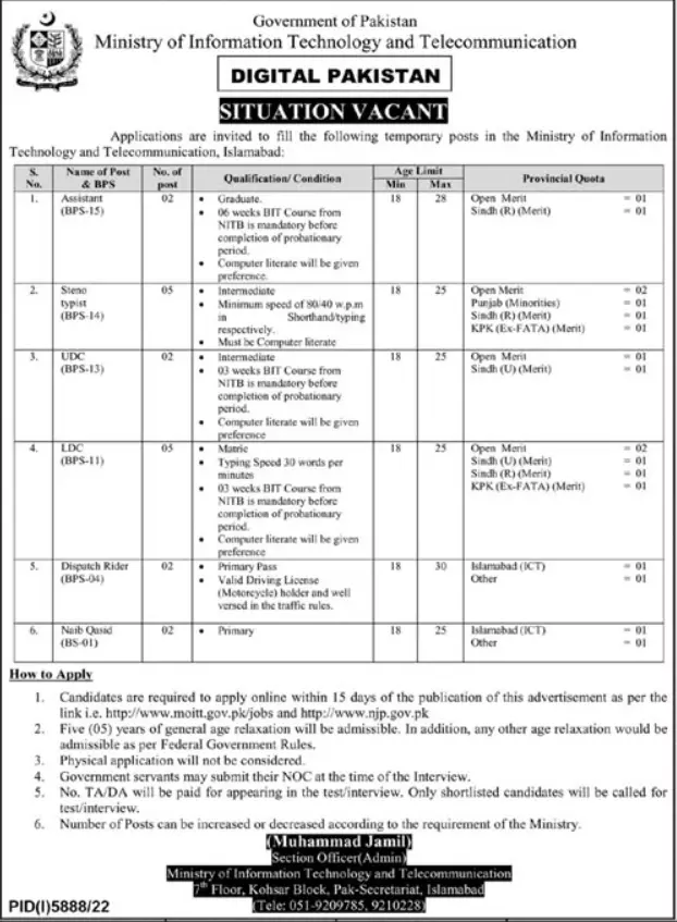 Ministry of Information & Technology Telecommunication Jobs – Ministry of Information Technology and Telecommunication Jobs 2023 — original advertisement