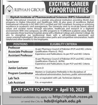 Riphah Institute of Pharamaceutical Sciences Jobs 2023 – Riphah International University Jobs 2023 — original advertisement