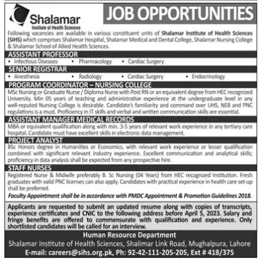 Shalamar institute of Health Sciences Lahore Jobs 2023 Jobs 2023 — original advertisement