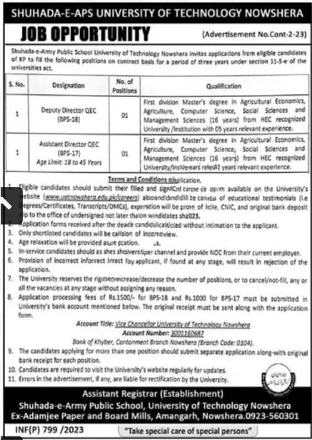 Shuhada e APS University of Technology Nowshera Jobs 2023 Jobs 2023 — original advertisement