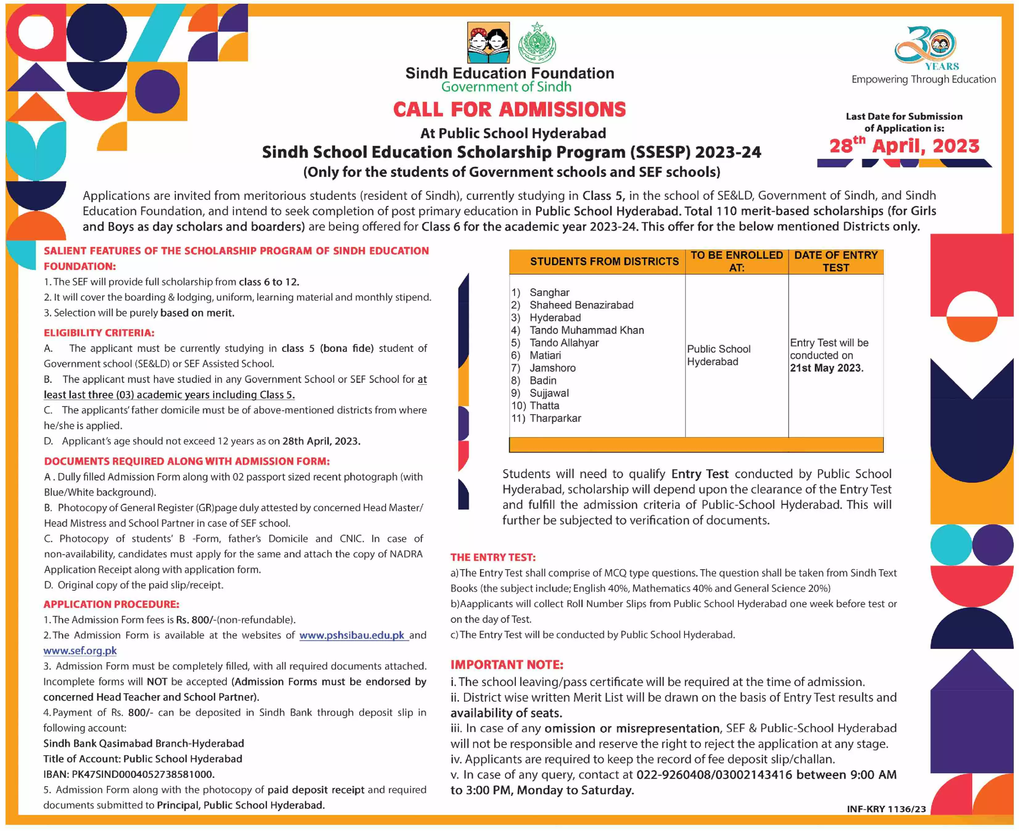 Sindh School Education Scholarship Program SSESP 2023 – Sindh Education Foundation Scholarships 2023 — original advertisement