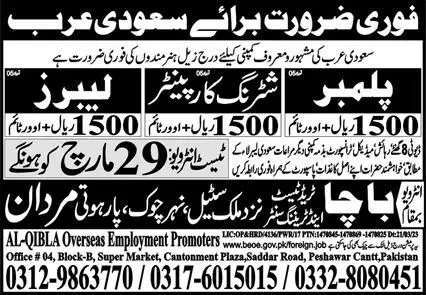 Shuttering Carpenter & Plumber Jobs 2023 in Saudi Arabia – Bacha Khan Recruiting Agency Jobs 2023 — original advertisement