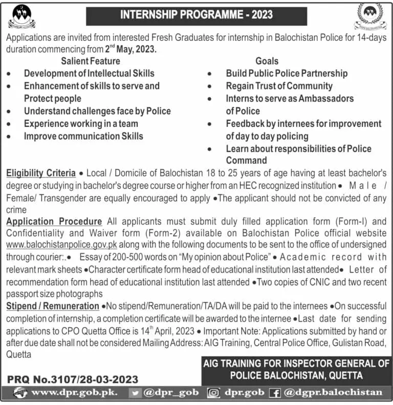 Internship Program at Balochistan Police 2023 – Balochistan Police Department Jobs 2023 — original advertisement