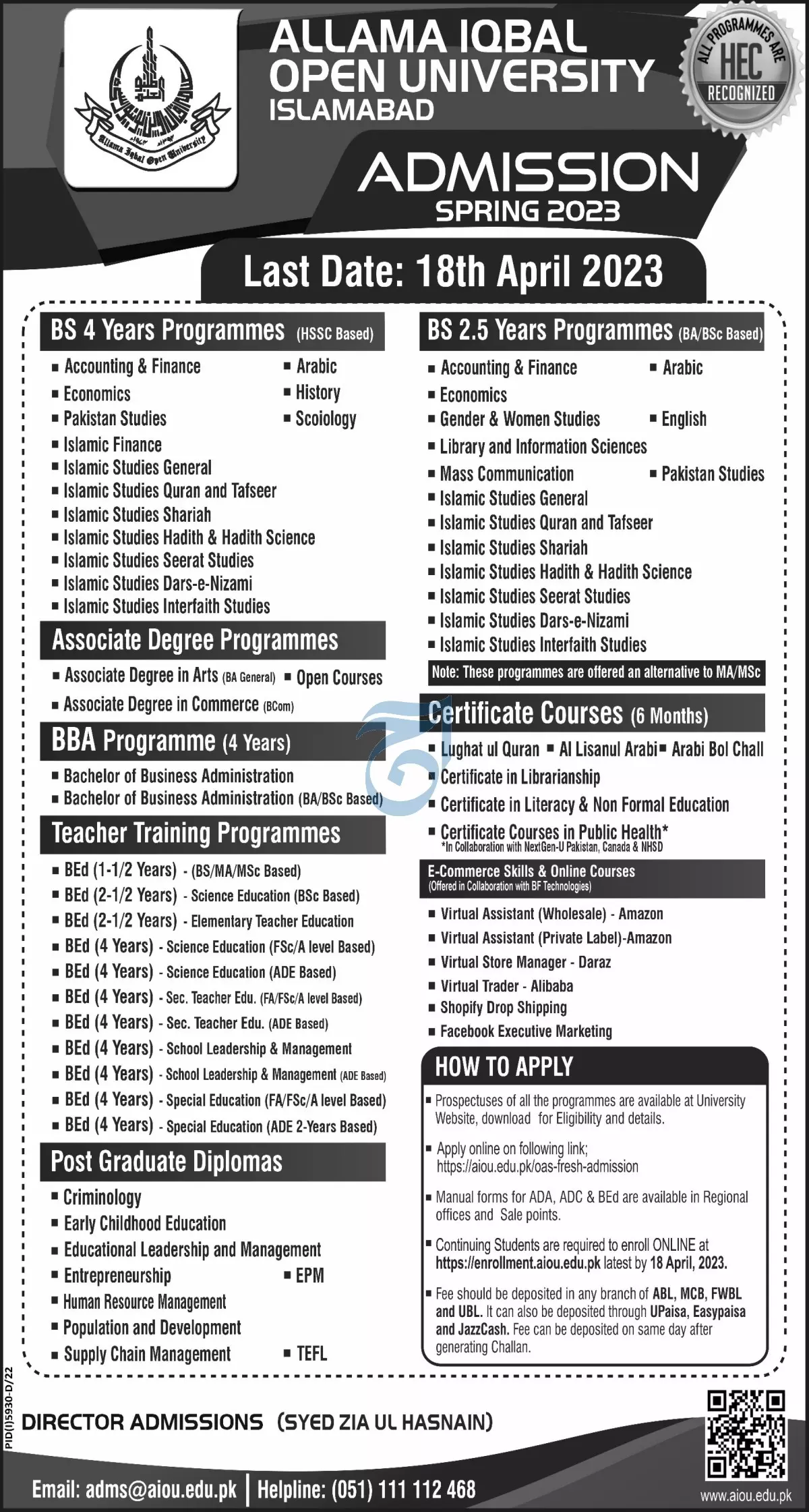 Allama Iqbal open University Islamabad Spring Admission 2023 Admissions 2023 — original advertisement