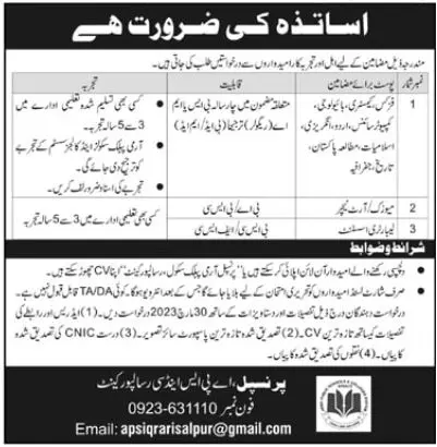 Army Public School & College APS&C Risalpur Cantt Jobs 2023 – Army Public School & College Paksitan Jobs 2023 — original advertisement