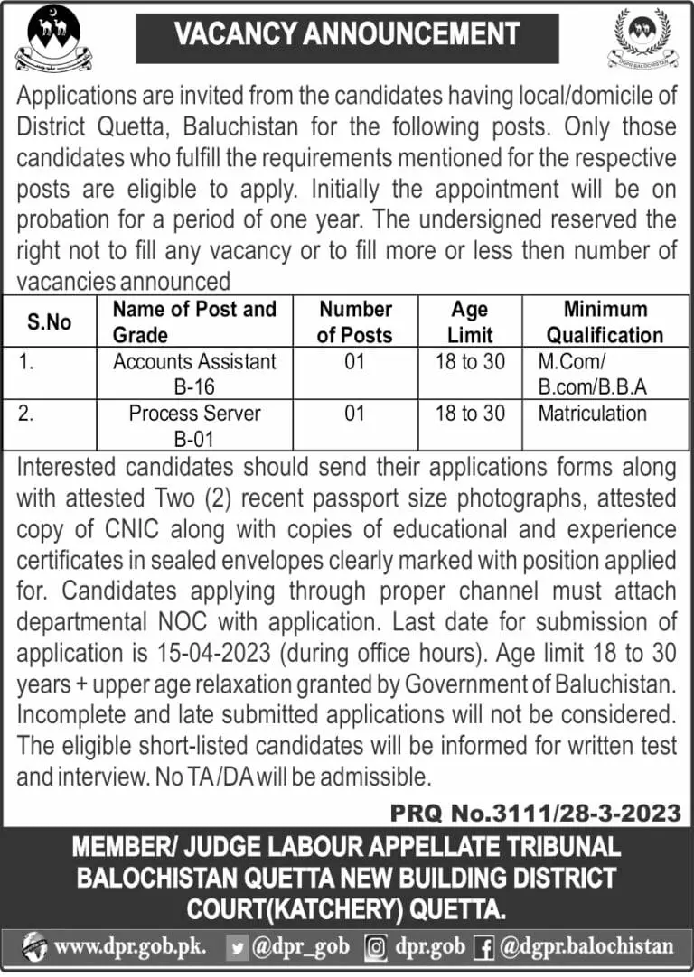 Labour Appellate Tribunal Balochistan Jobs 2023 – Judiciary of Balochistan Jobs 2023 — original advertisement