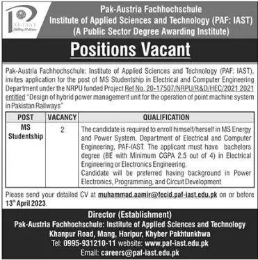 Pak Austria Institute of Applied Sciences Jobs 2023 – Pak Austria Fachhochschule PAF Jobs 2023 — original advertisement